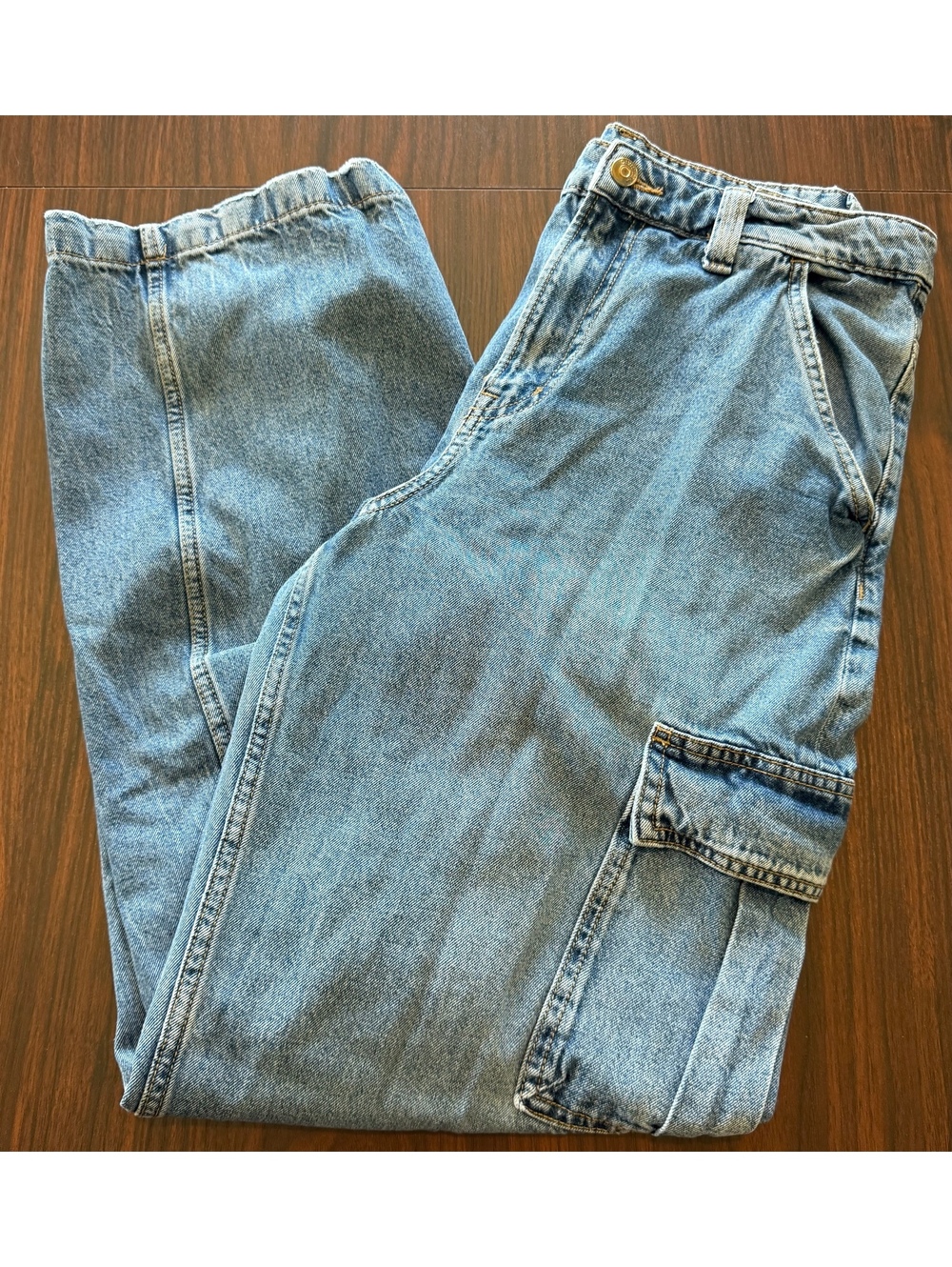 H&M Divided Cotton High Waisted Wide Leg Denim Cargo Pants Light Wash Size 8